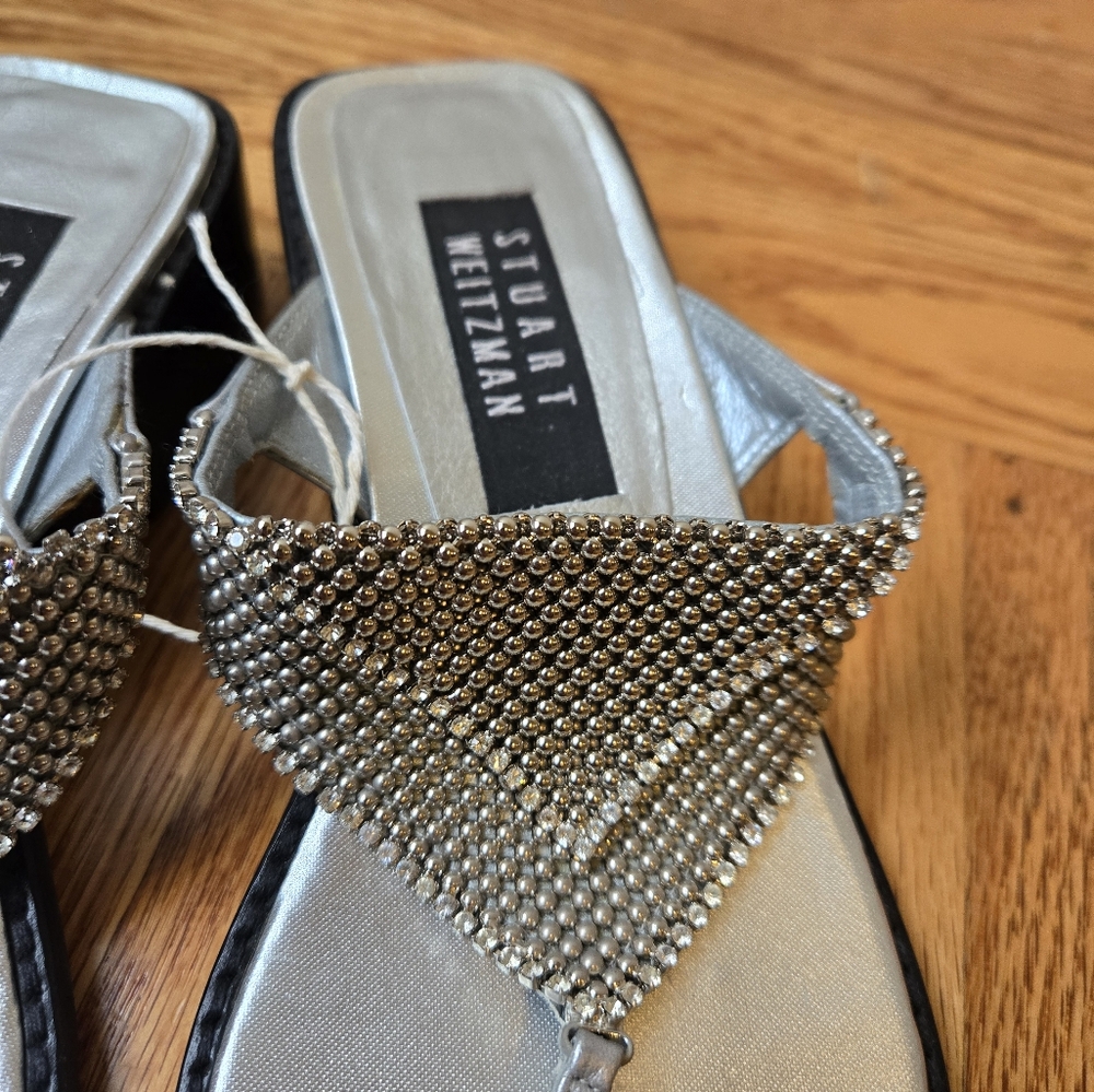 Vintage NWOB Stuart Weitzman Silver Metal Beads and Rhinestones Thong Sandals - Picture 3 of 10